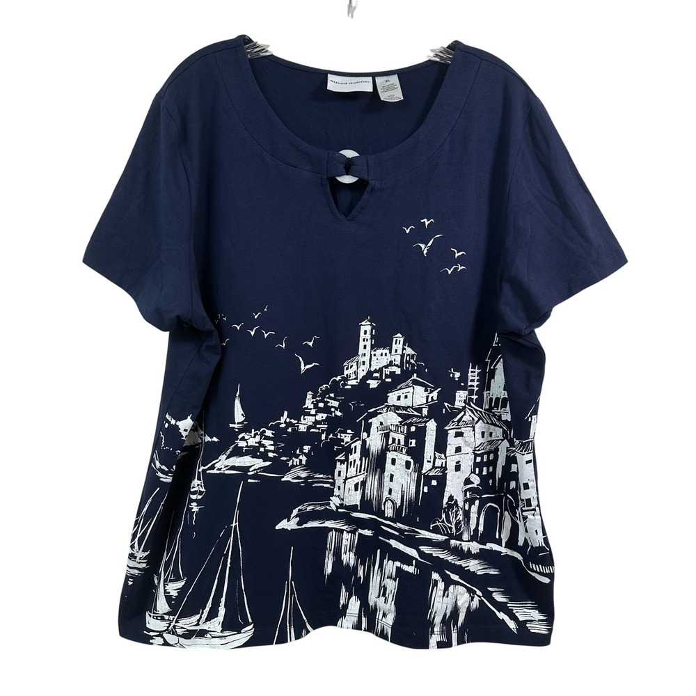 Alfred Dunner Navy Blue Seascape Graphic Sequin Keyhole Top XL